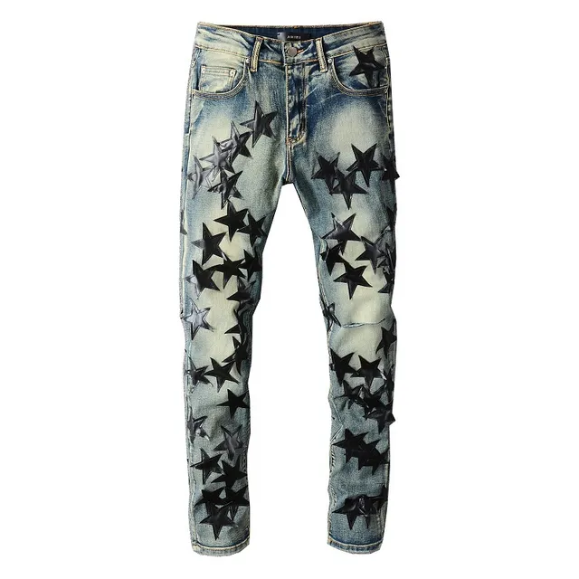 Blue Black Distressed Light-Wash Denim 3D Star Appliqué Pattern Jeans 7