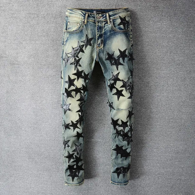 Blue Black Distressed Light-Wash Denim 3D Star Appliqué Pattern Jeans 8