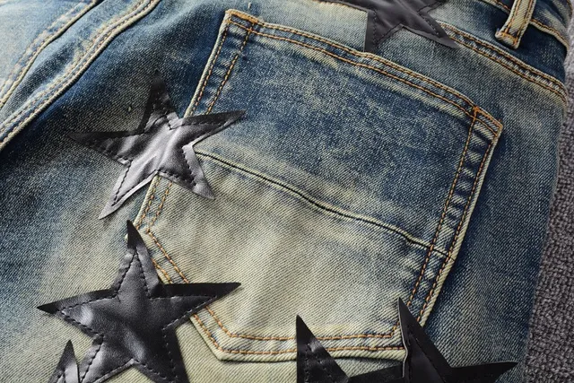 Blue Black Distressed Light-Wash Denim 3D Star Appliqué Pattern Jeans 12