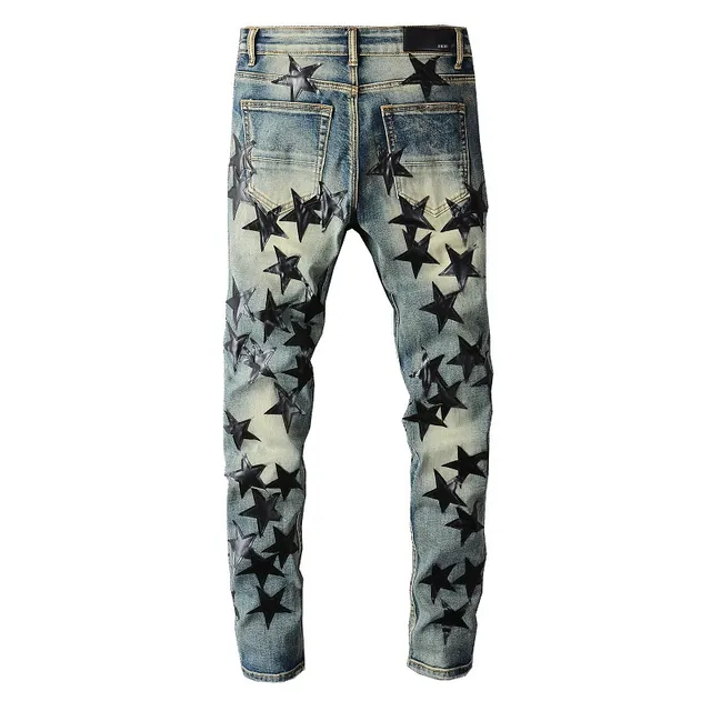 Blue Black Distressed Light-Wash Denim 3D Star Appliqué Pattern Jeans 14