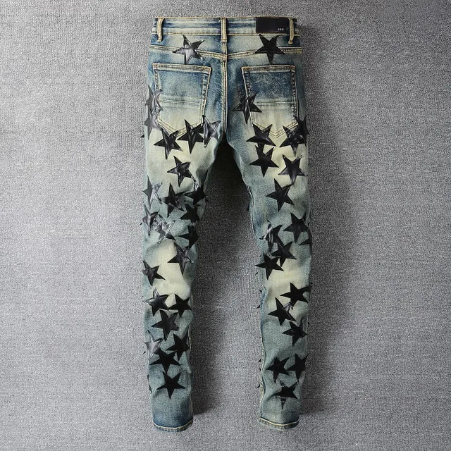 Blue Black Distressed Light-Wash Denim 3D Star Appliqué Pattern Jeans 15