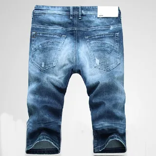 Blue Distressed Mid-Rise Slim-Stright Cuffed Denim Shorts 4