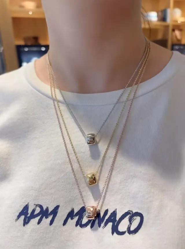 Blue Gold Fine Link Chain Cylindrical Barrel Pendant Necklace 2