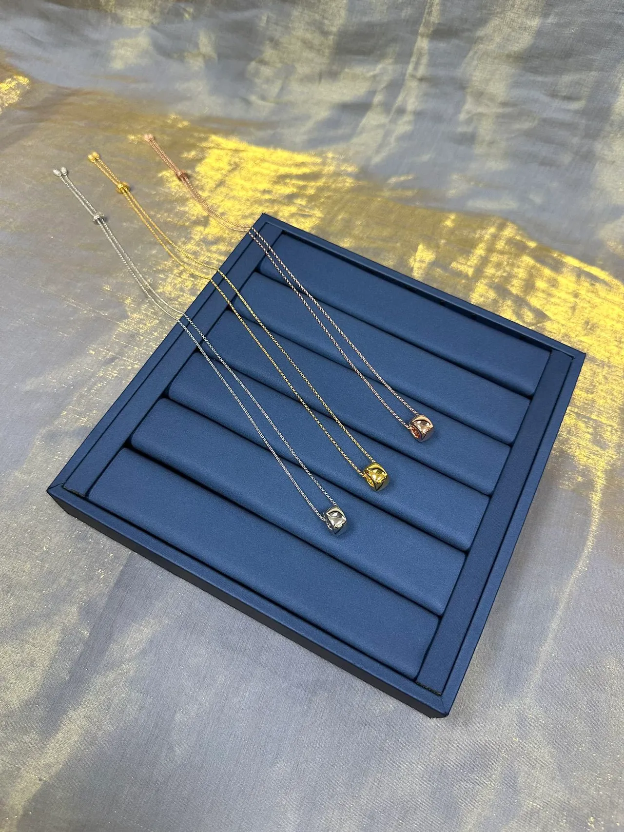 Blue Gold Fine Link Chain Cylindrical Barrel Pendant Necklace 4