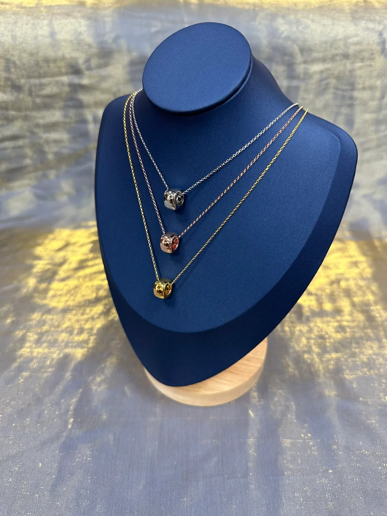 Blue Gold Fine Link Chain Cylindrical Barrel Pendant Necklace 5
