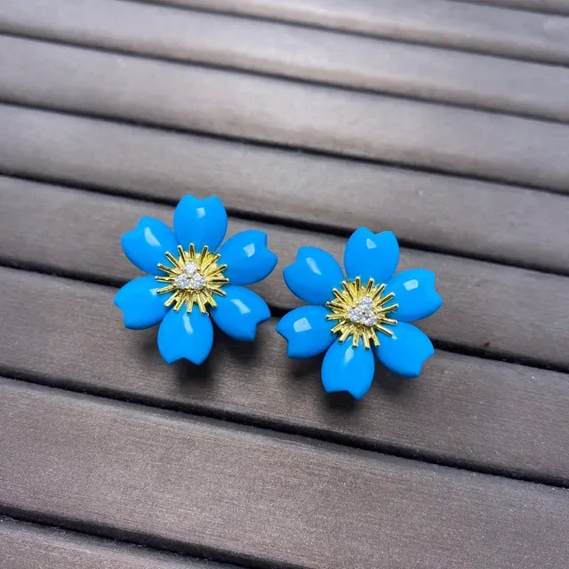 Blue Gold Flower-Shaped Stud Earrings 5