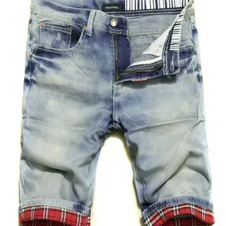 Blue Red Light-Wash Distressed Denim Rolled Cuffs Shorts