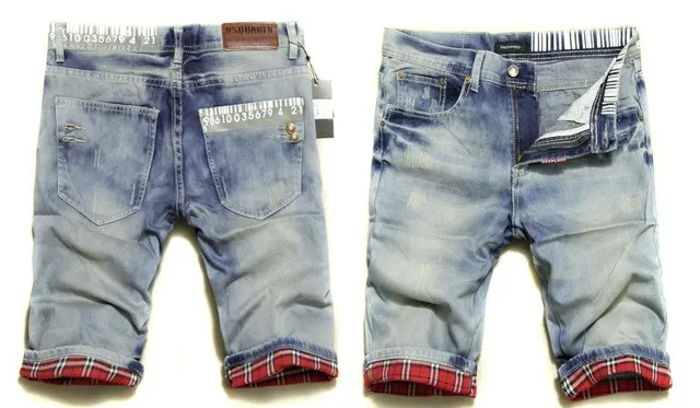 Blue Red Light-Wash Distressed Denim Rolled Cuffs Shorts 6