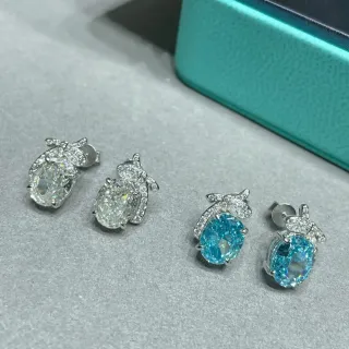 Blue Silver Bow-Motif Oval-Stone Earrings