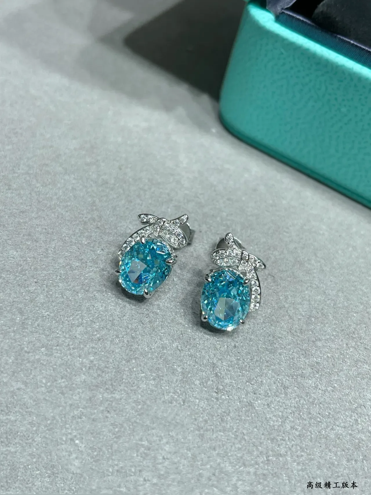 Blue Silver Bow-Motif Oval-Stone Earrings 2