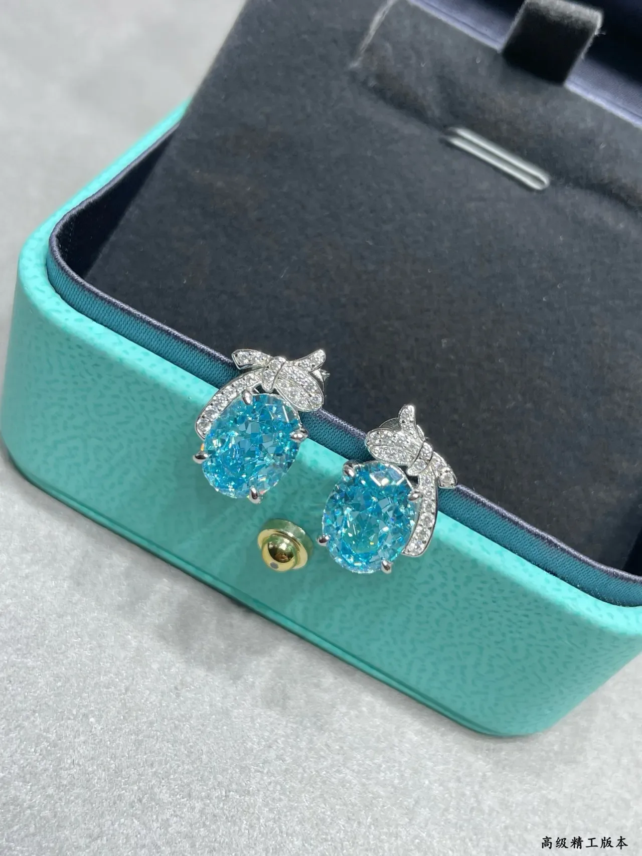Blue Silver Bow-Motif Oval-Stone Earrings 5