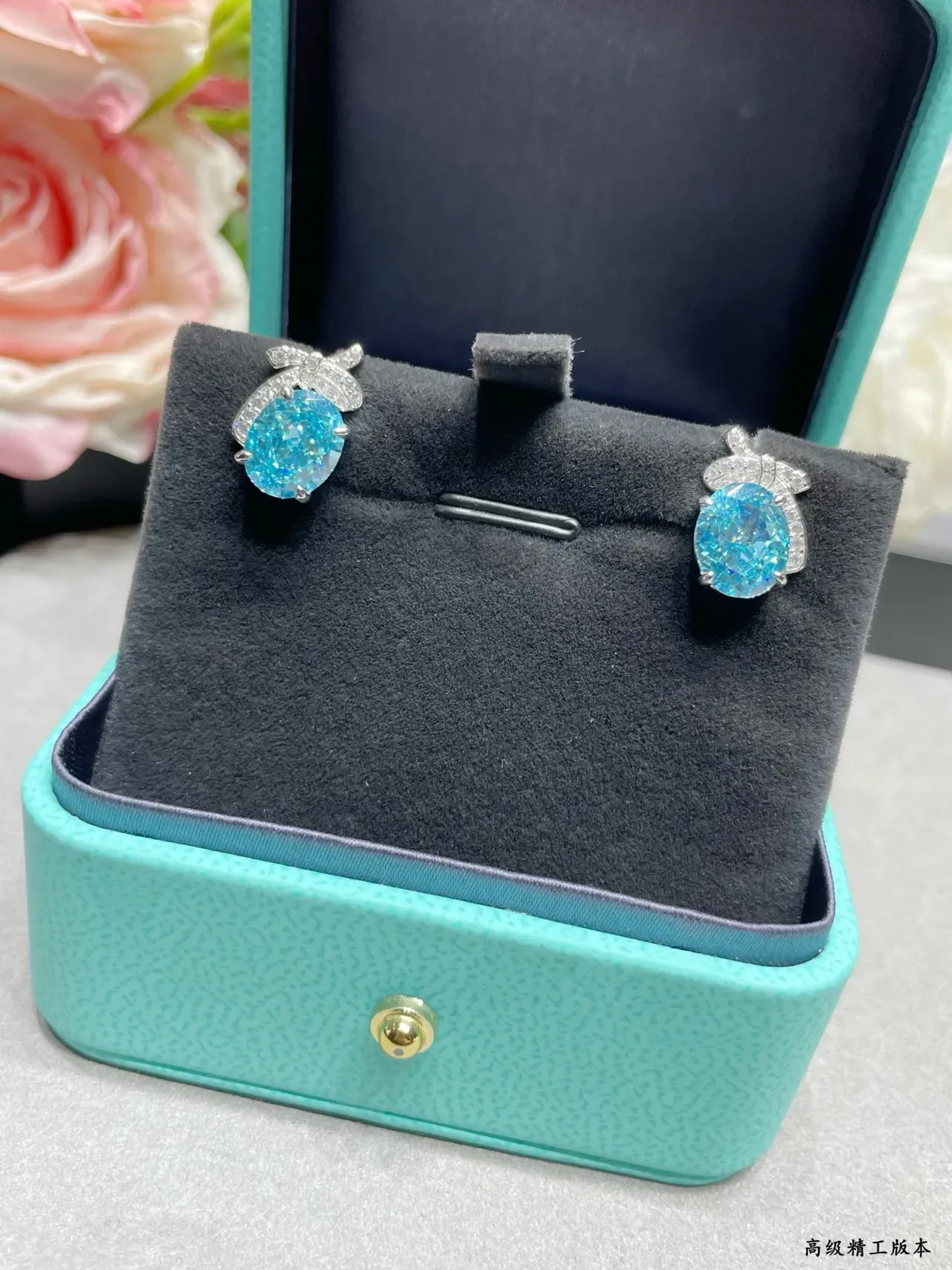 Blue Silver Bow-Motif Oval-Stone Earrings 7