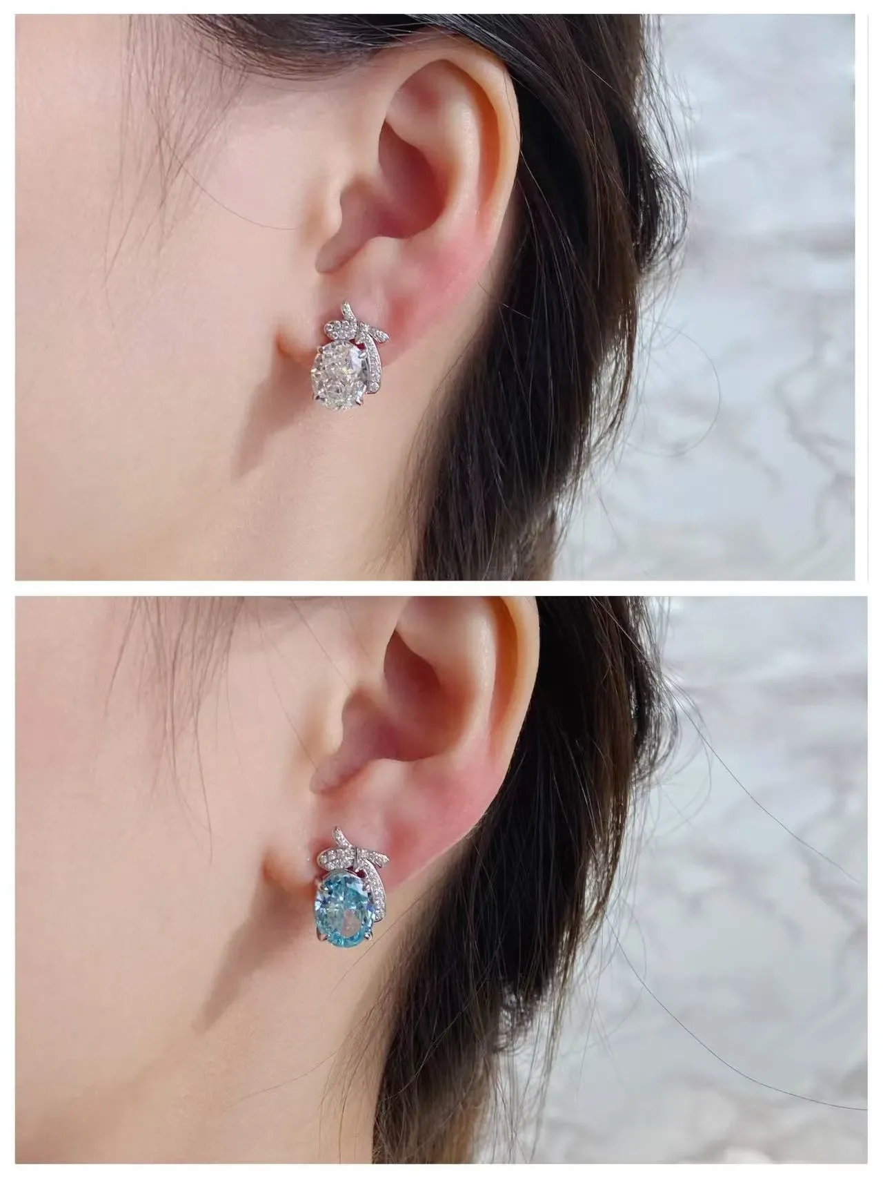 Blue Silver Bow-Motif Oval-Stone Earrings 9