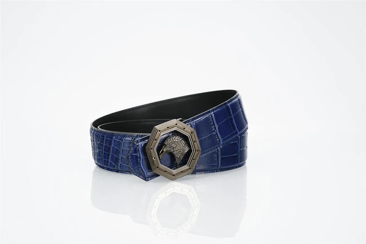 Blue Silver Crocodile-Embossed Octagonal Metal Buckle Leather Belt 4