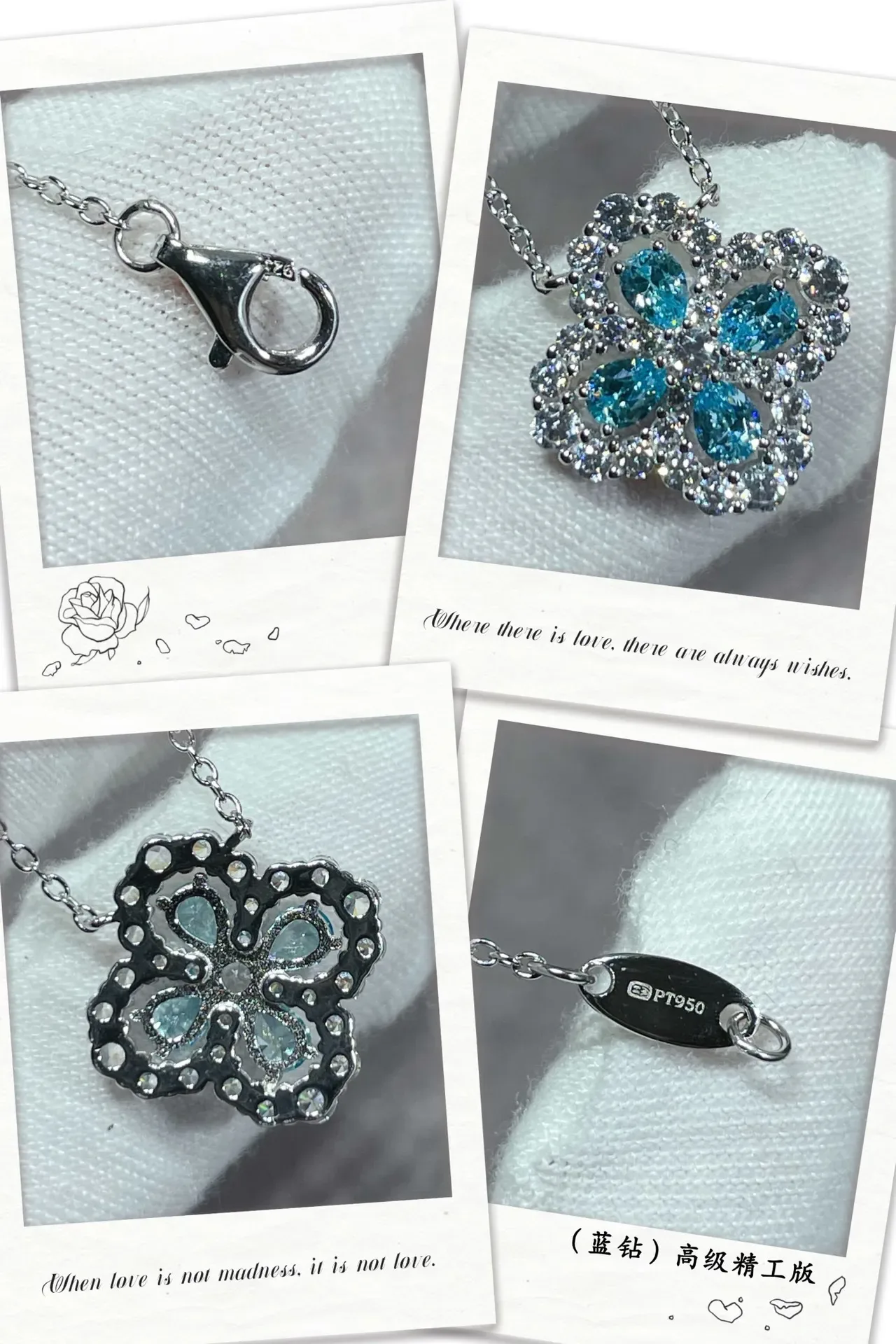 Blue Silver Four-Petal Floral Pendant Pear-Cut Stones Necklace 2