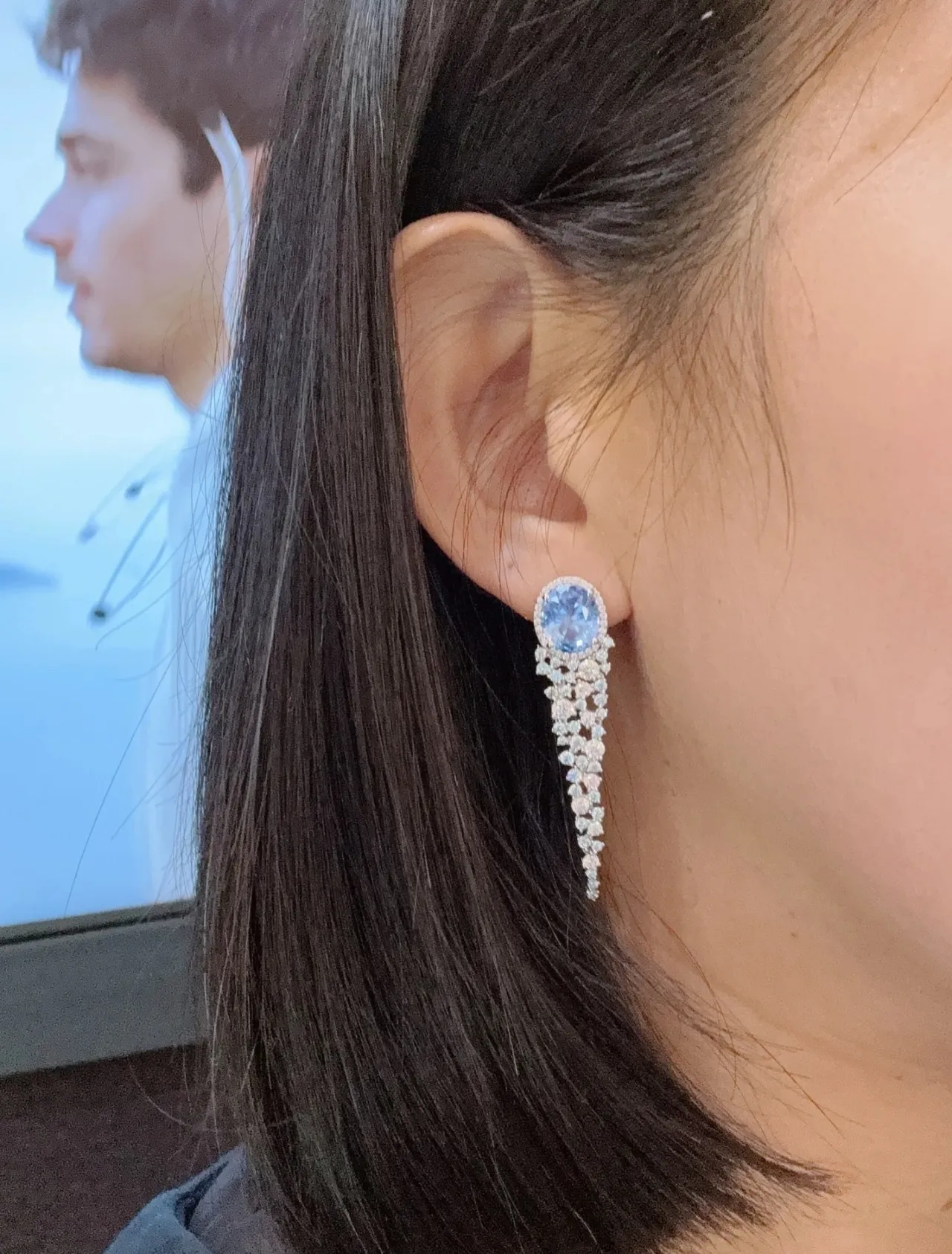Blue Silver Oval-Cut Central Stone Halo Setting Earrings 2