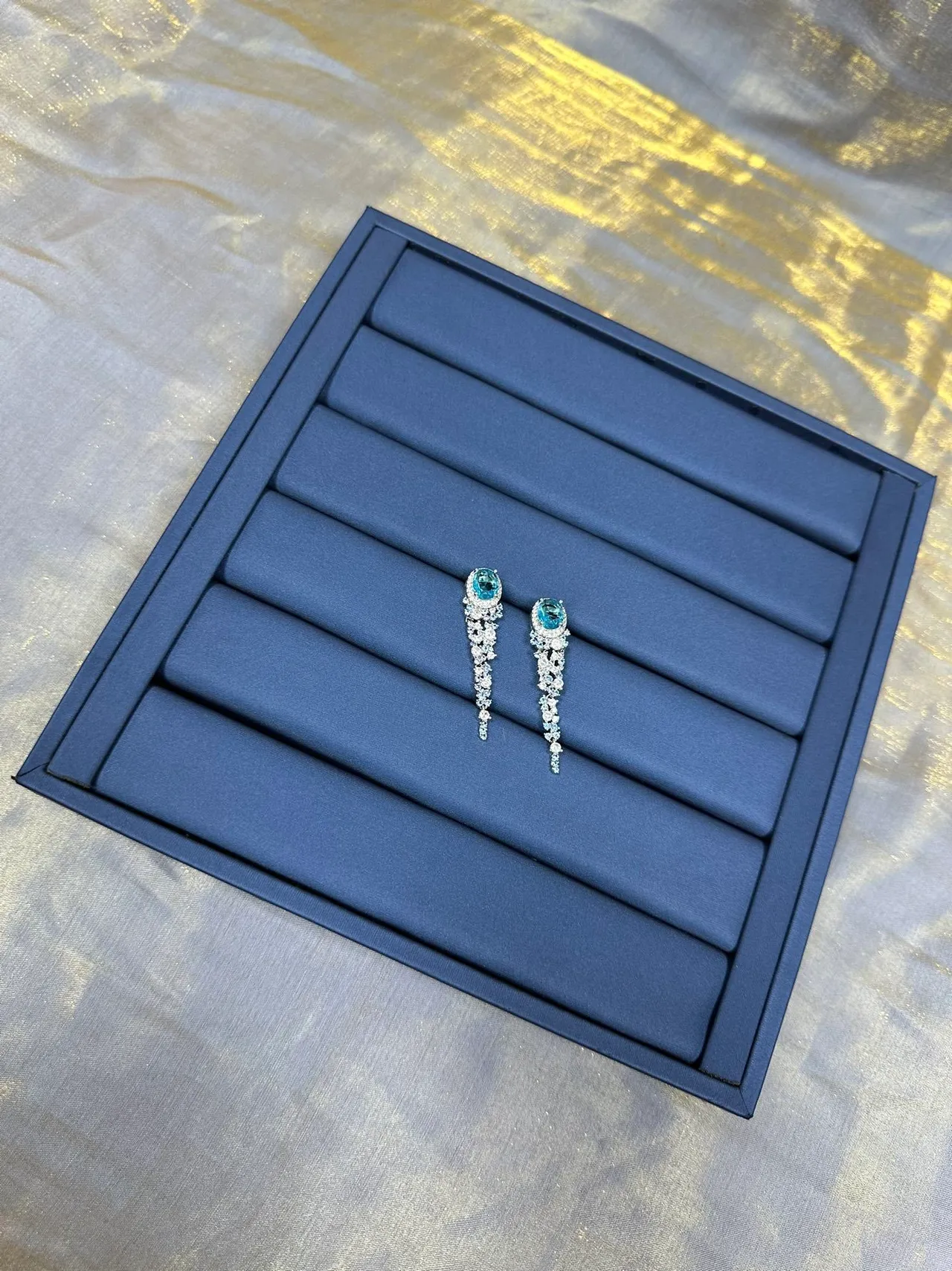 Blue Silver Oval-Cut Central Stone Halo Setting Earrings 4