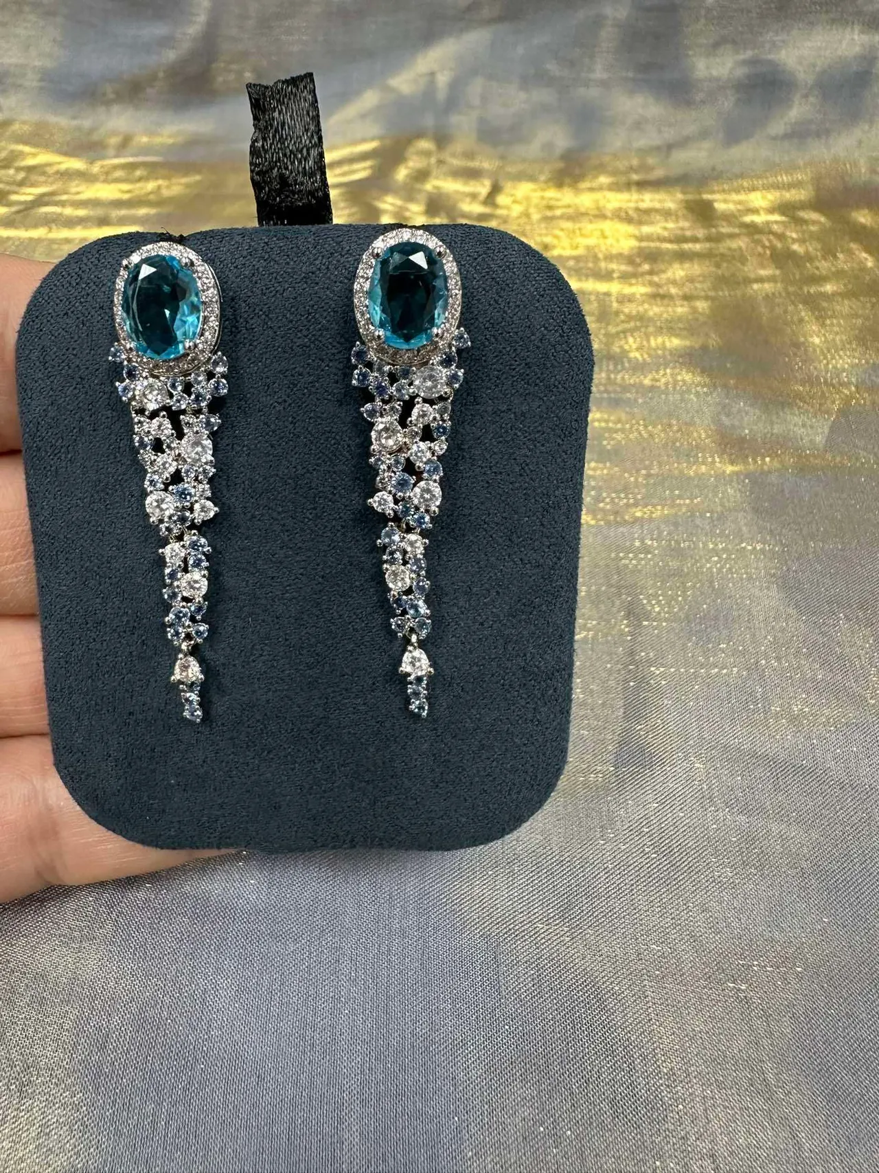Blue Silver Oval-Cut Central Stone Halo Setting Earrings 7