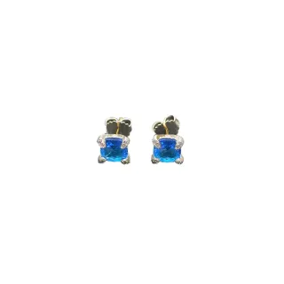 Blue Silver Square-Cut Gemstone Two-Tone Metal Setting Earrings