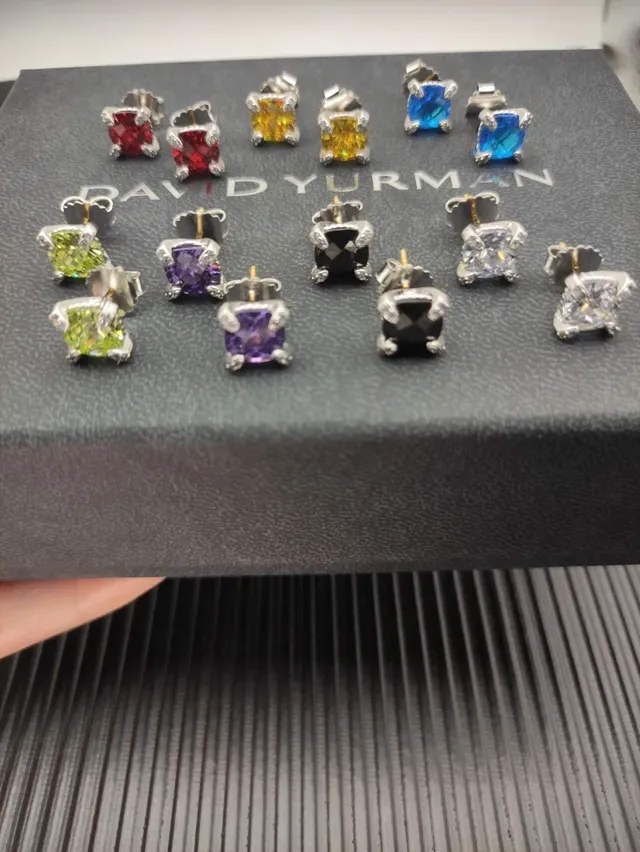 Blue Silver Square-Cut Gemstone Two-Tone Metal Setting Earrings 8