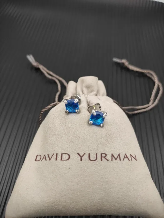 Blue Silver Square-Cut Gemstone Two-Tone Metal Setting Earrings 9