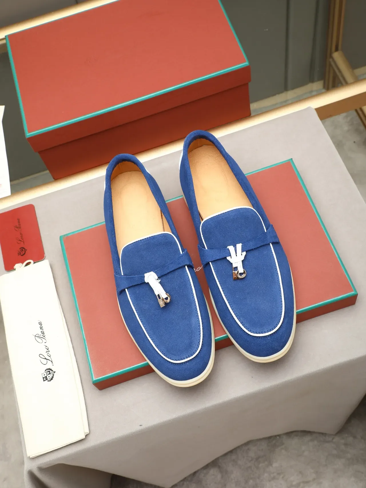 Blue White Suede Piping Loafer 2