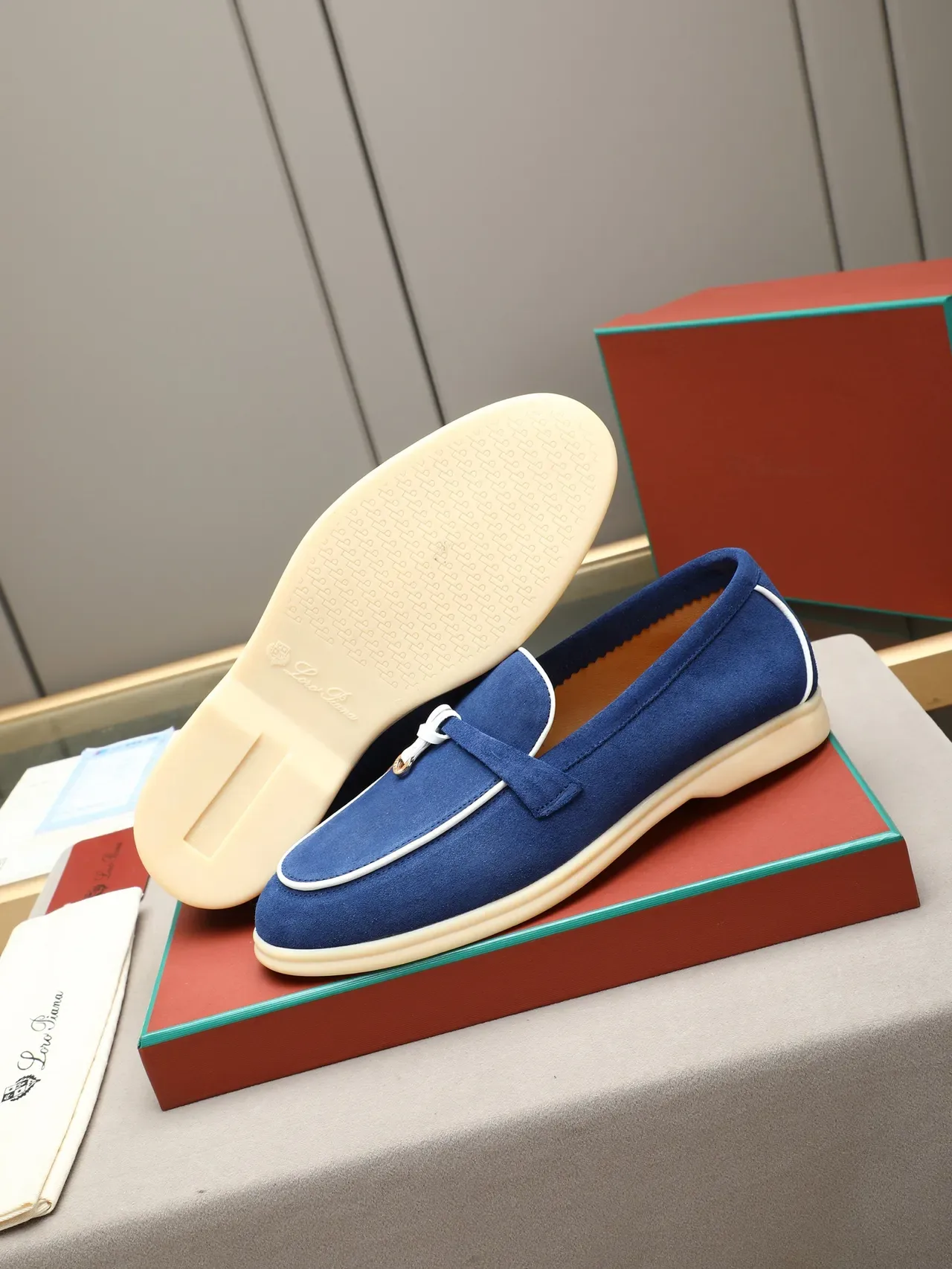 Blue White Suede Piping Loafer 4