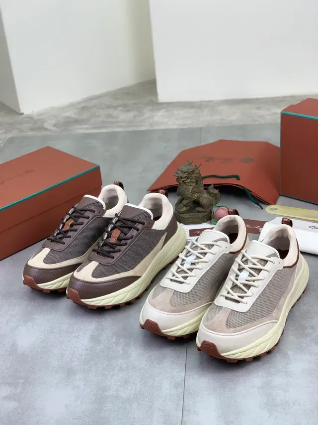Brown and Cream Layered Mesh and Suede Sneaker 2
