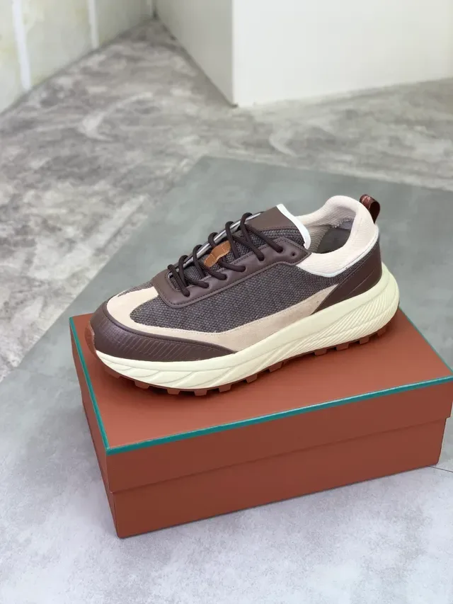 Brown and Cream Layered Mesh and Suede Sneaker 5