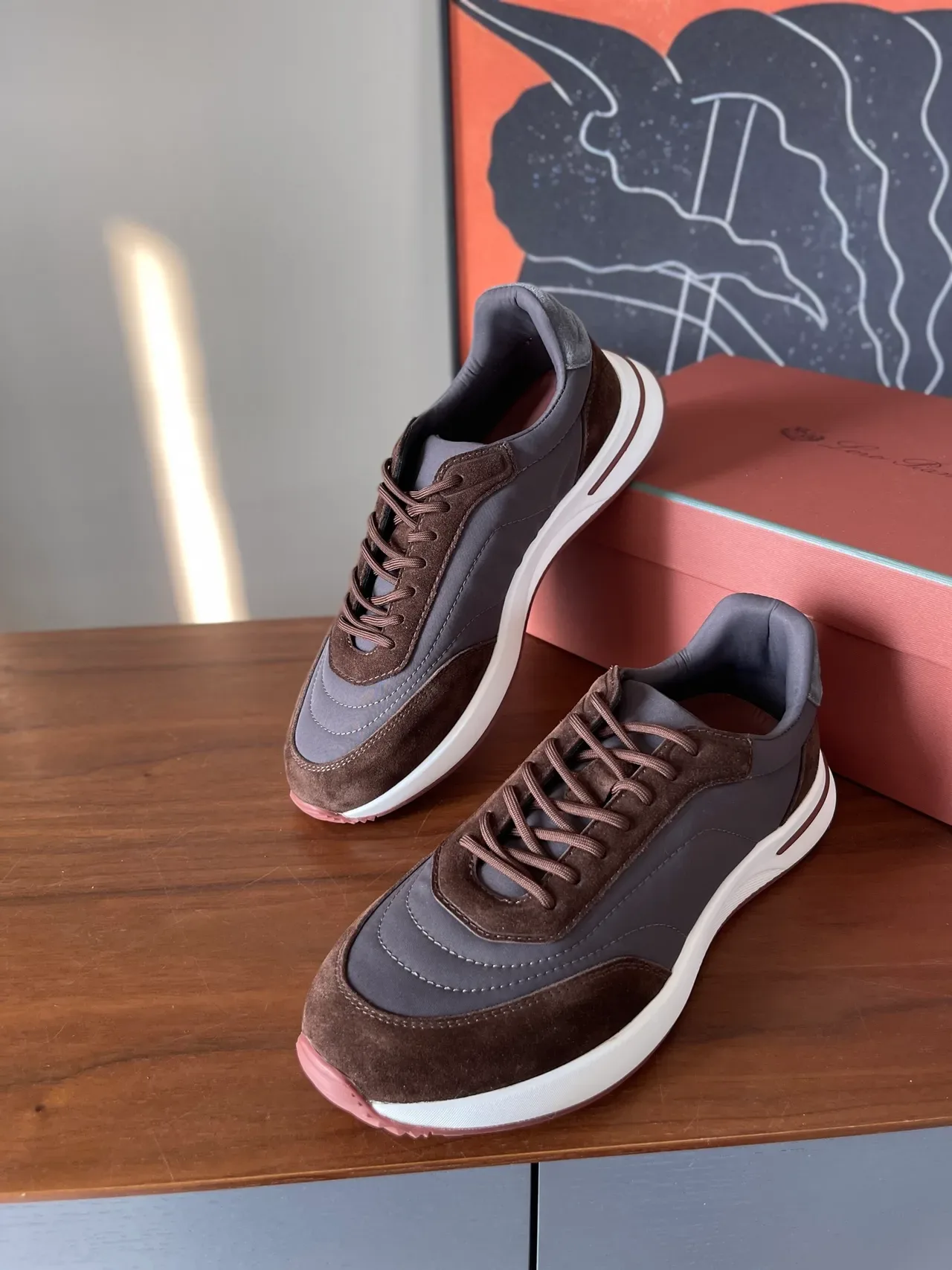 Brown and Gray Suede-Textile Hybrid Sneakers 4