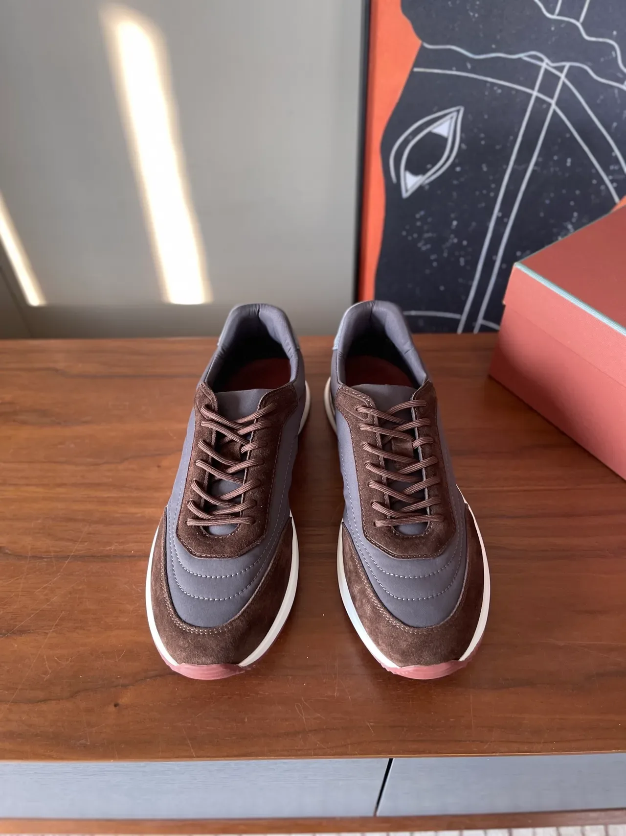 Brown and Gray Suede-Textile Hybrid Sneakers 5