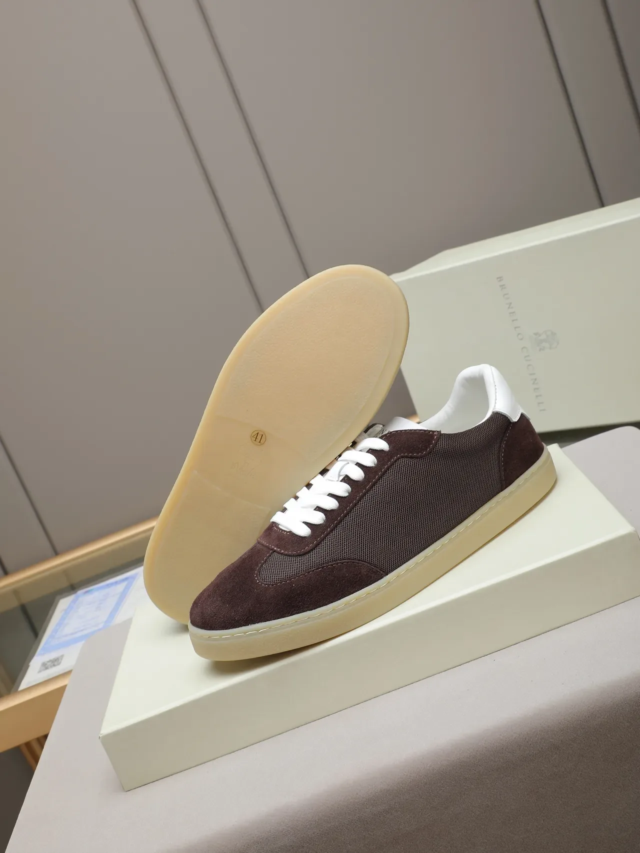 Brown and White Mesh-Suede Low-Top Gum Sole Sneaker 4