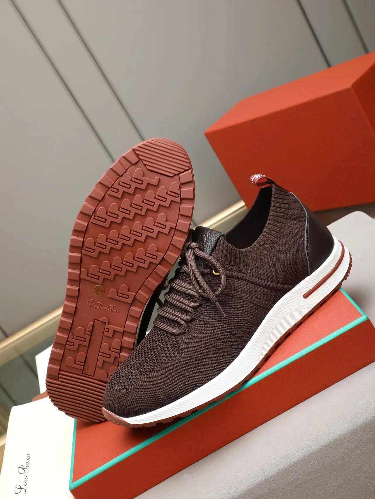 Brown Knit and Leather Lace-Up Lifestyle Sneaker 4