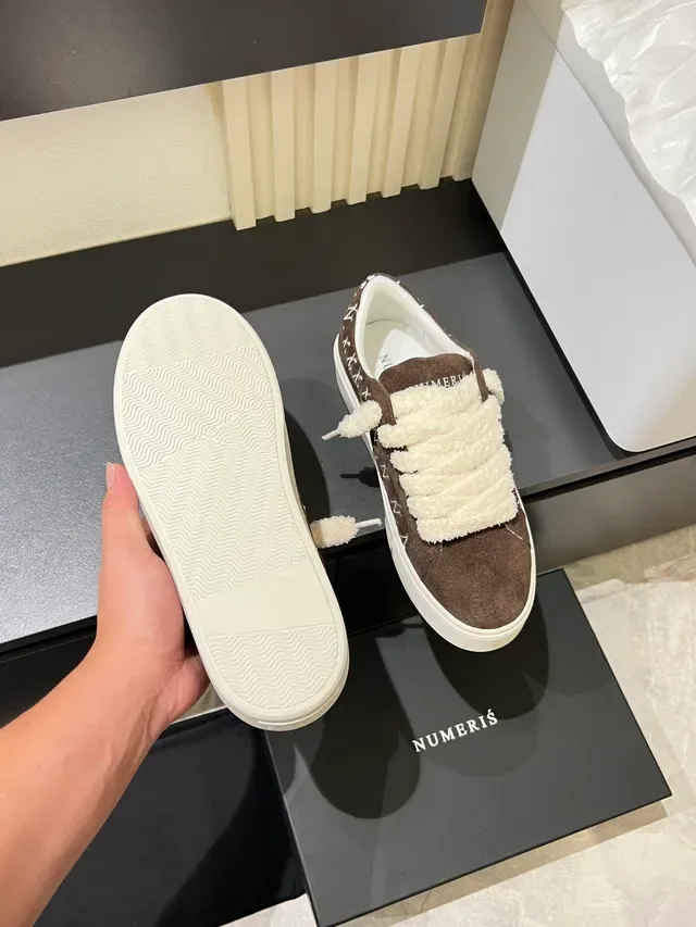 Brown White Suede Fluffy Strap Sneakers 4