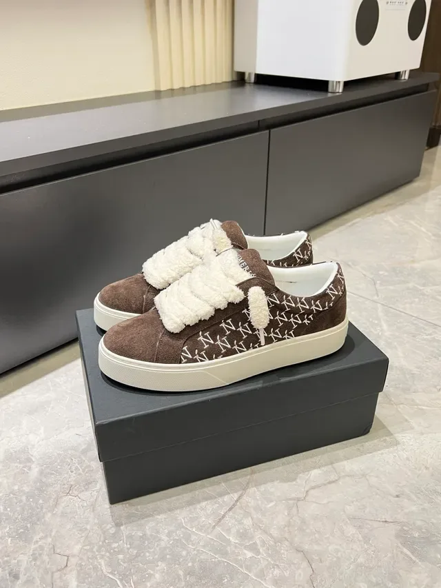 Brown White Suede Fluffy Strap Sneakers 5