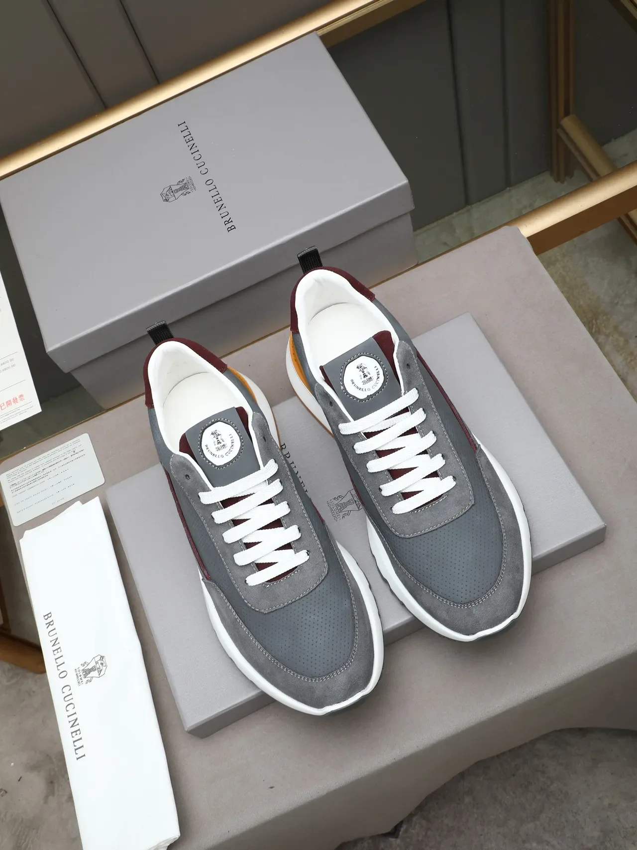 Brunello Cucinelli Gray and Burgundy Perforated Suede Lifestyle Sneaker 2