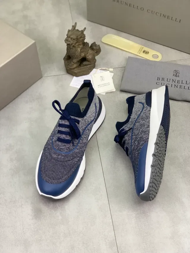 Brunello Cucinelli Gray Navy Knit Upper Contrast Detailing Sneakers 5