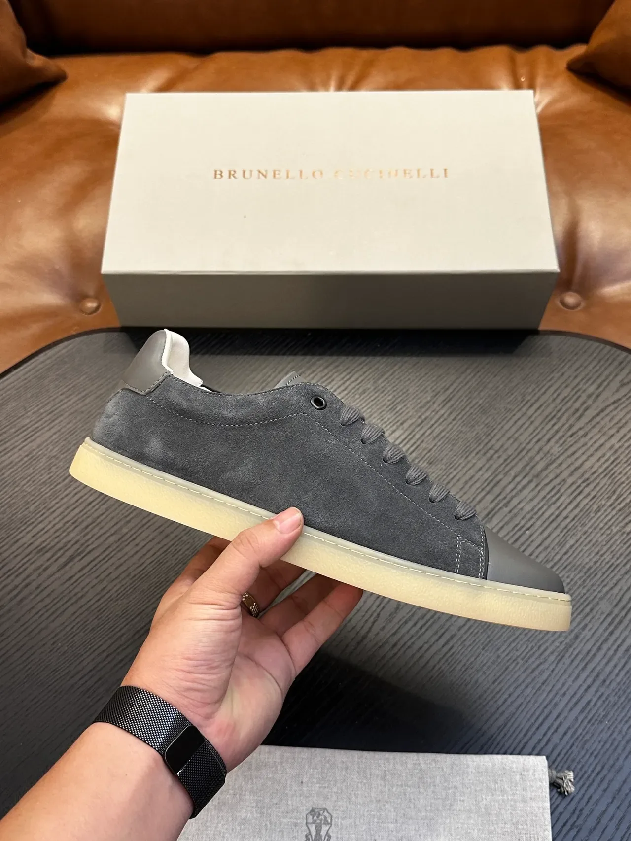 Brunello Cucinelli Gray Suede and Leather Low-Top Lifestyle Sneaker 2
