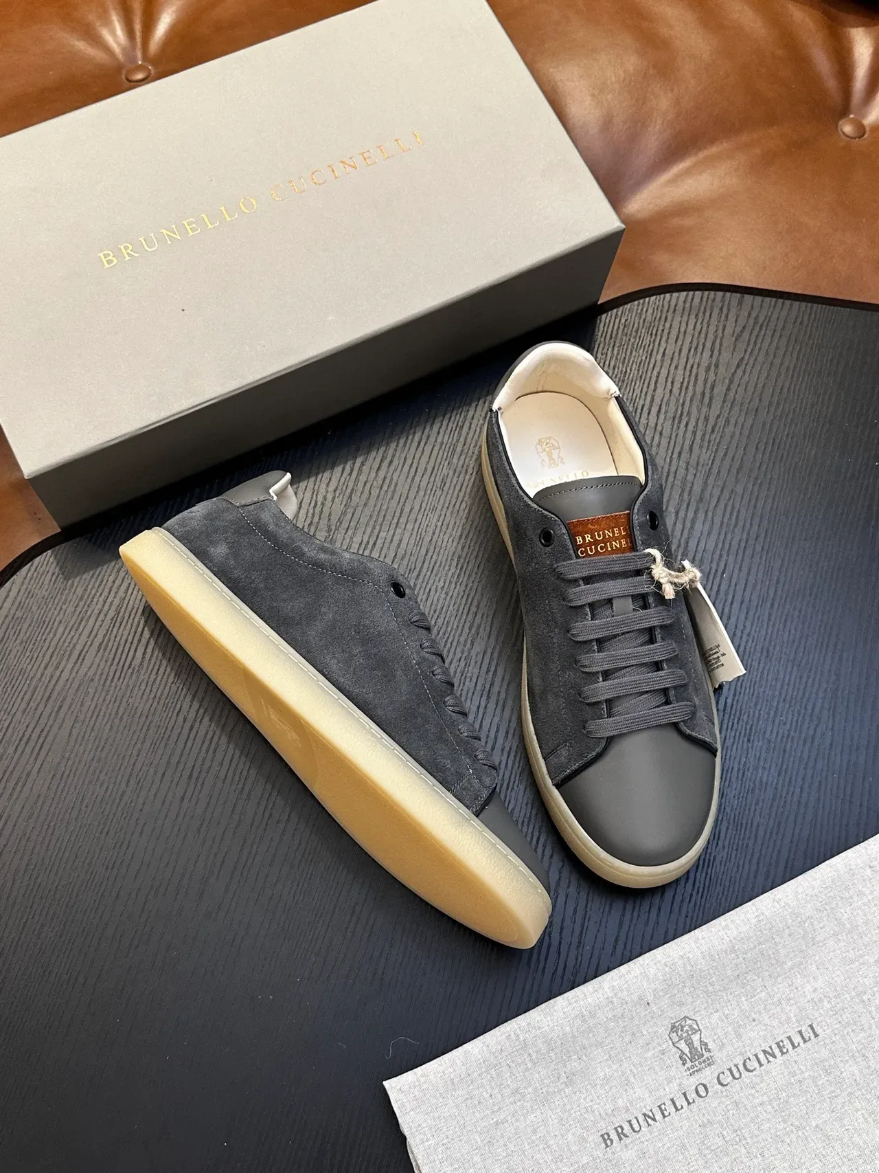Brunello Cucinelli Gray Suede and Leather Low-Top Lifestyle Sneaker 4