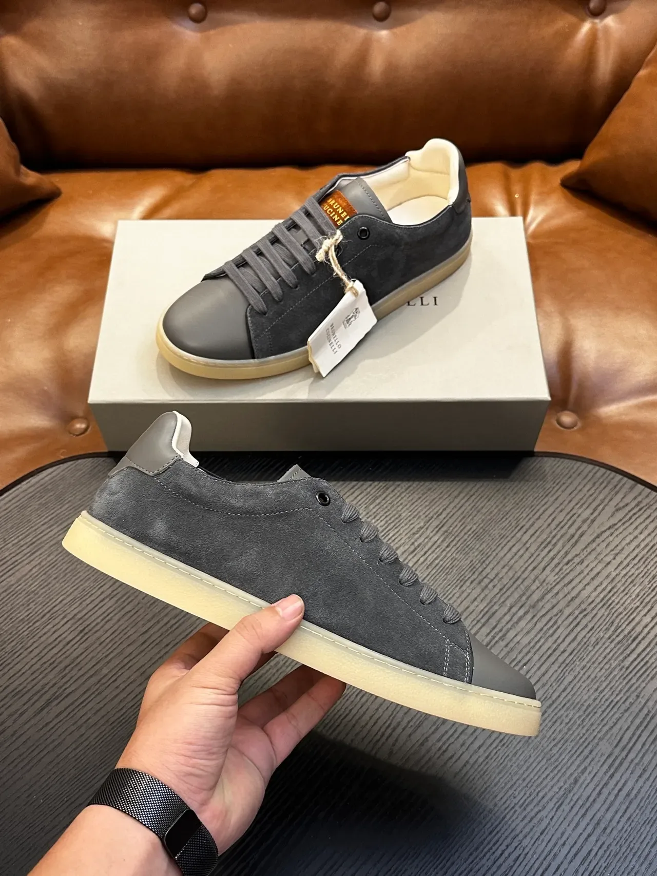 Brunello Cucinelli Gray Suede and Leather Low-Top Lifestyle Sneaker 5