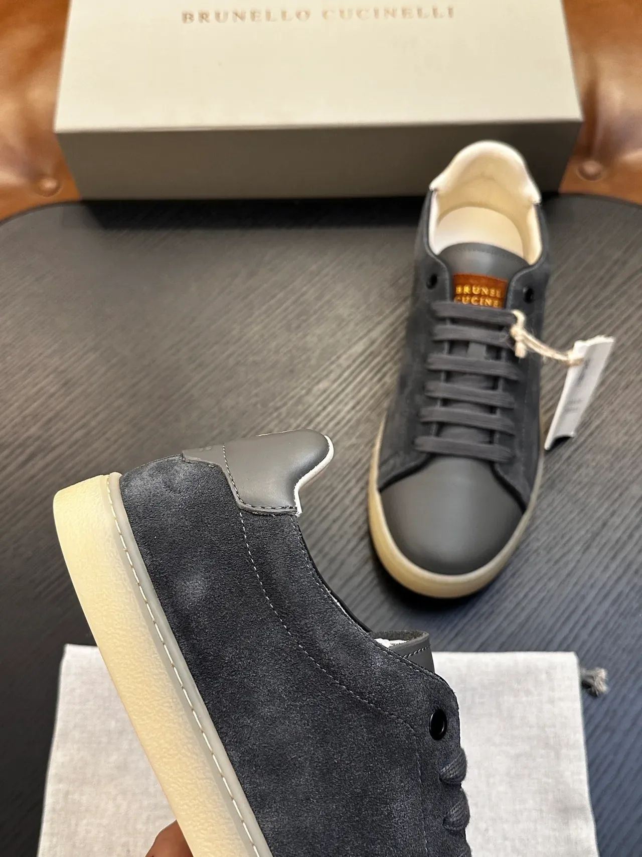 Brunello Cucinelli Gray Suede and Leather Low-Top Lifestyle Sneaker 7