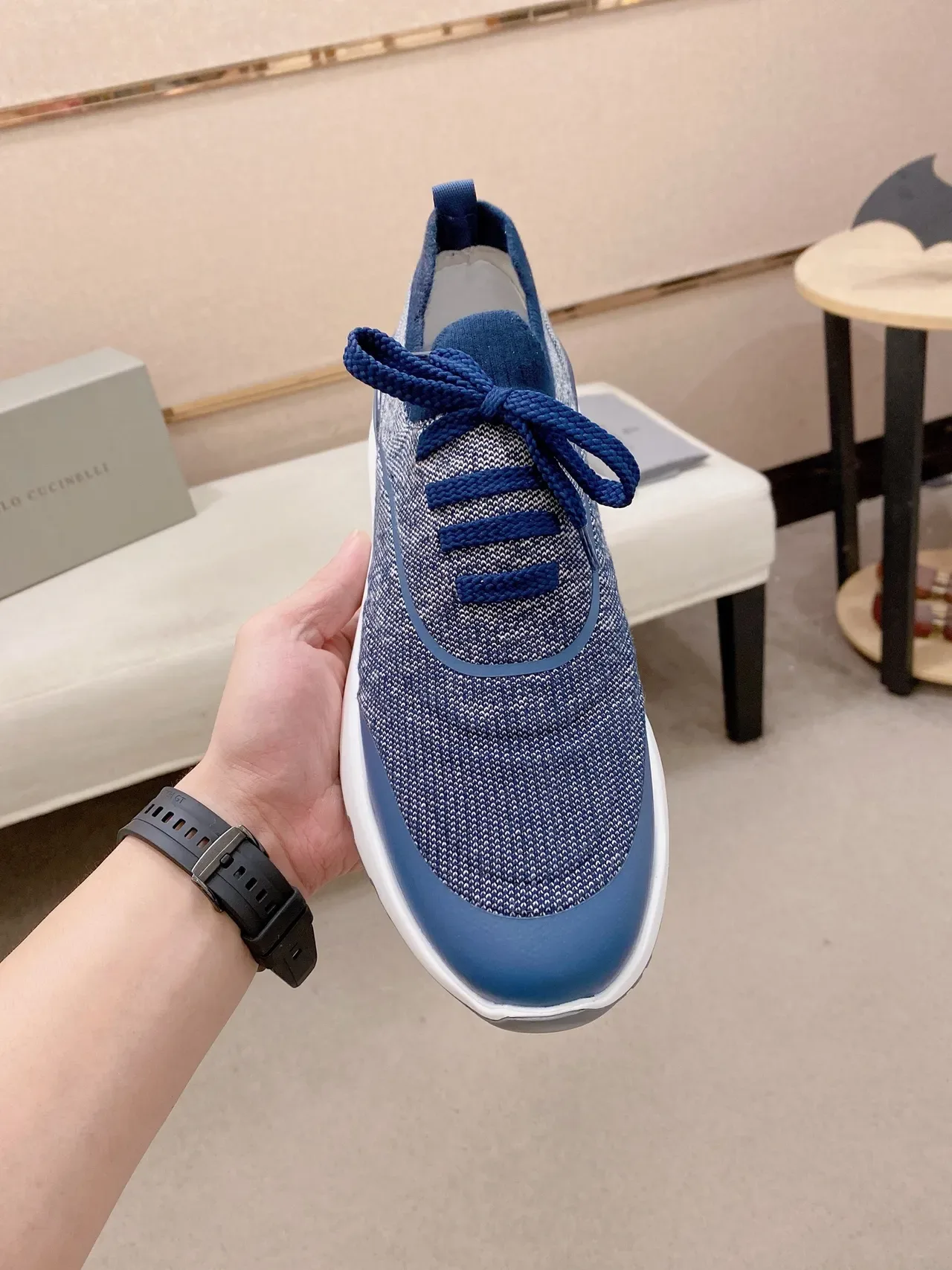 Brunello Cucinelli Knit Upper Navy Blue and Gray Lifestyle Sneaker 5