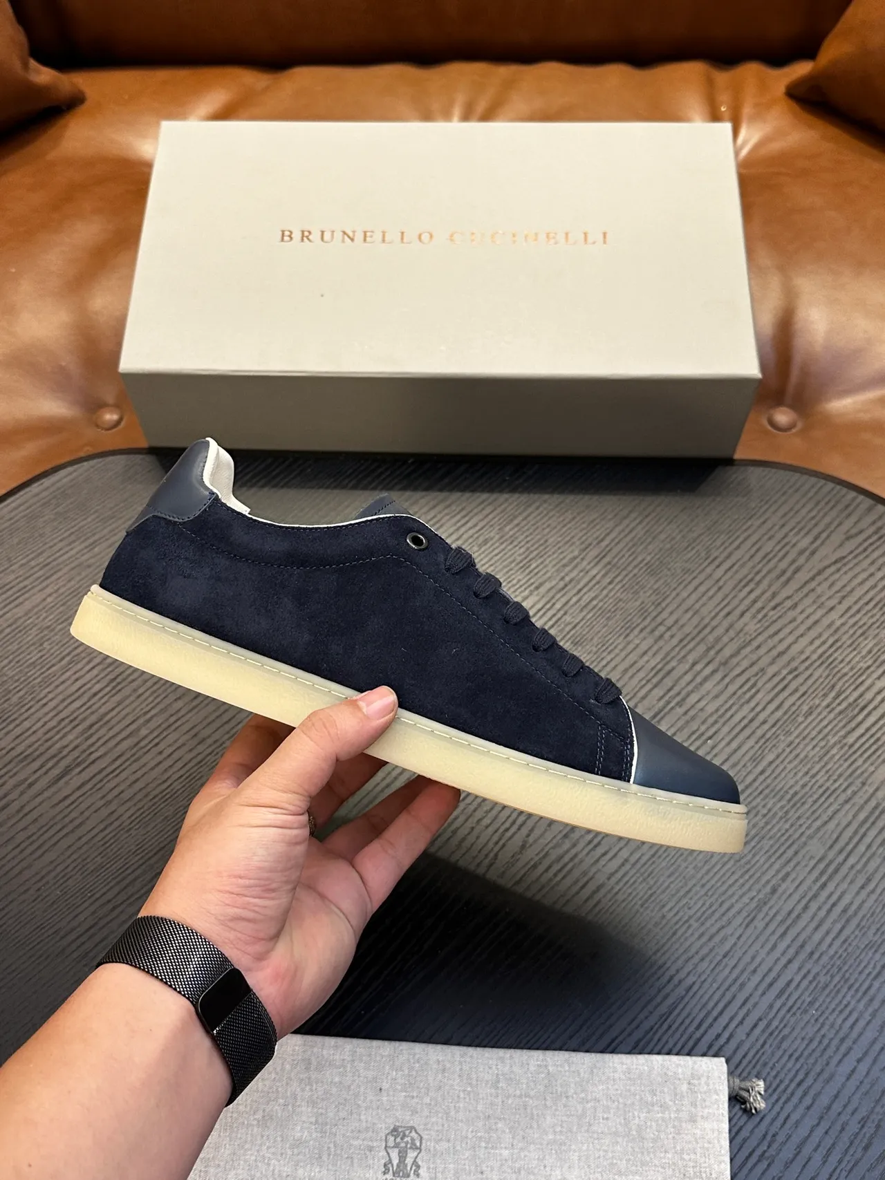 Brunello Cucinelli Navy Suede and Leather Cupsole Casual Shoe 2