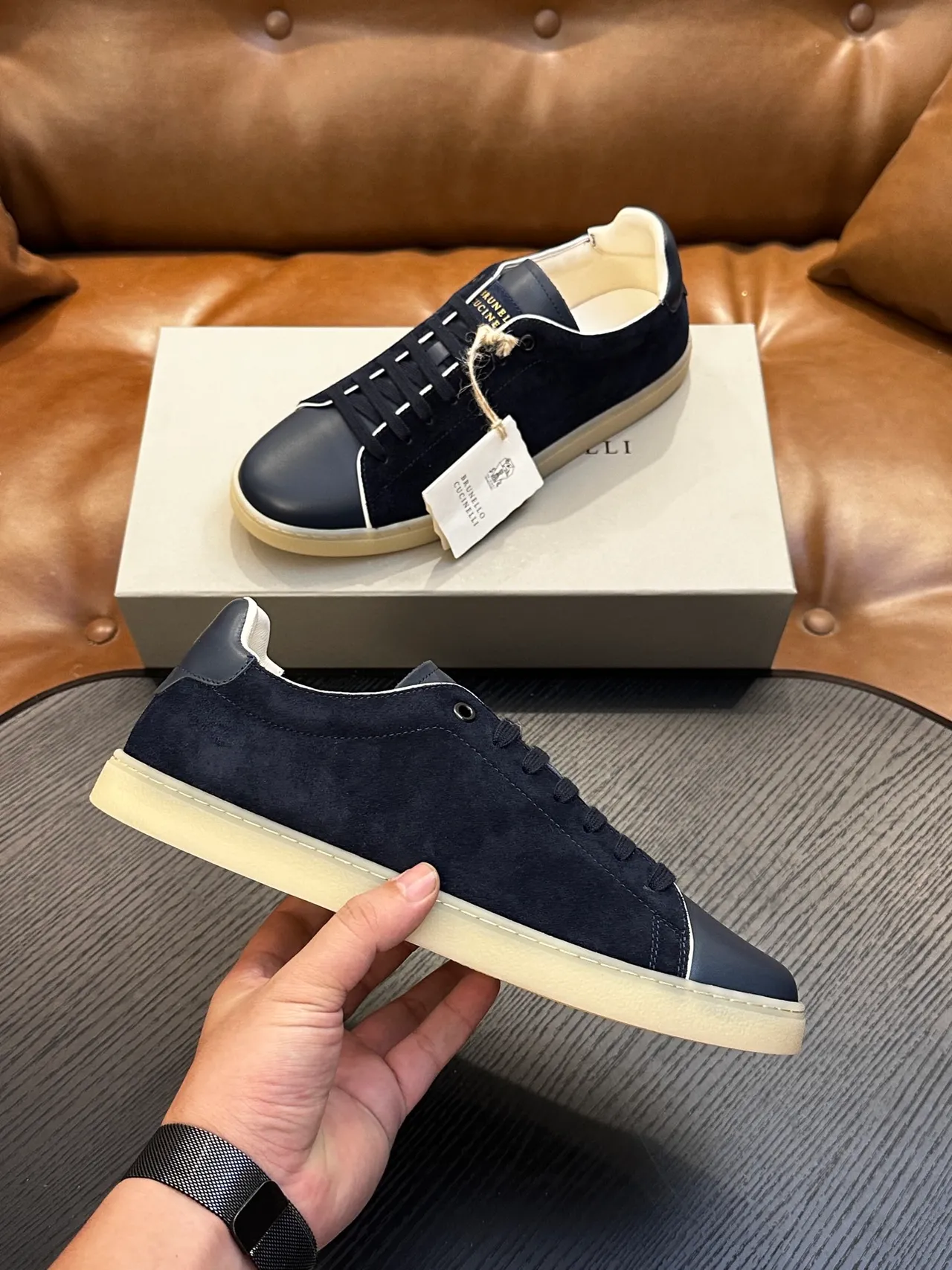 Brunello Cucinelli Navy Suede and Leather Cupsole Casual Shoe 3