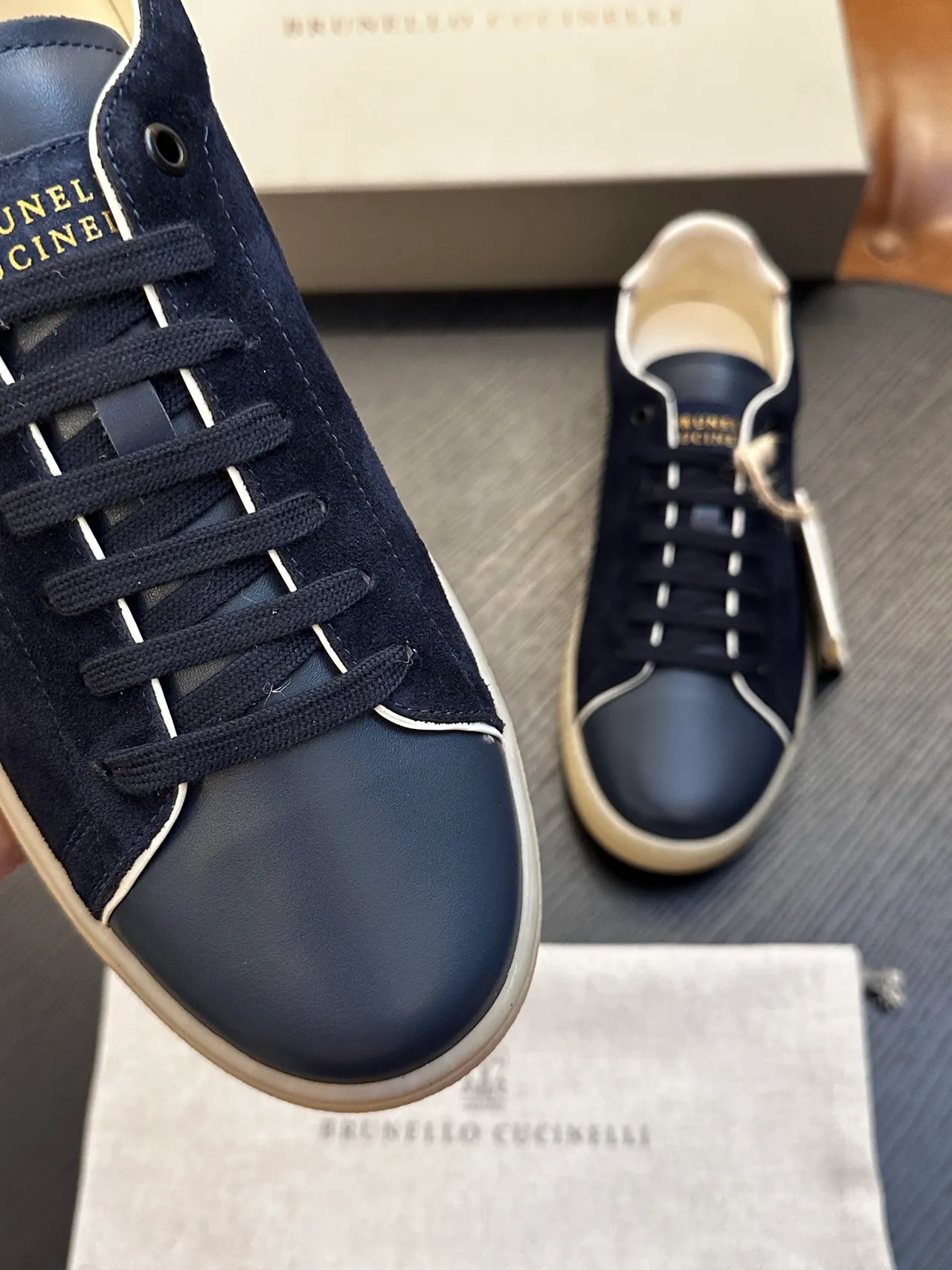 Brunello Cucinelli Navy Suede and Leather Cupsole Casual Shoe 4