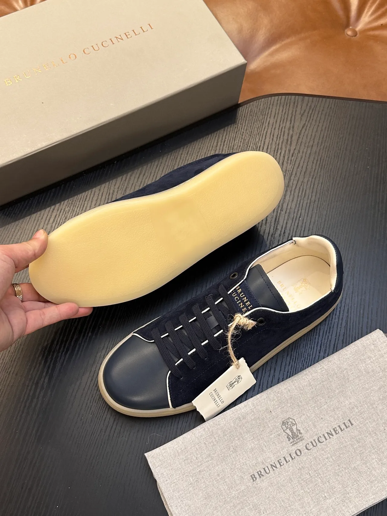 Brunello Cucinelli Navy Suede and Leather Cupsole Casual Shoe 7