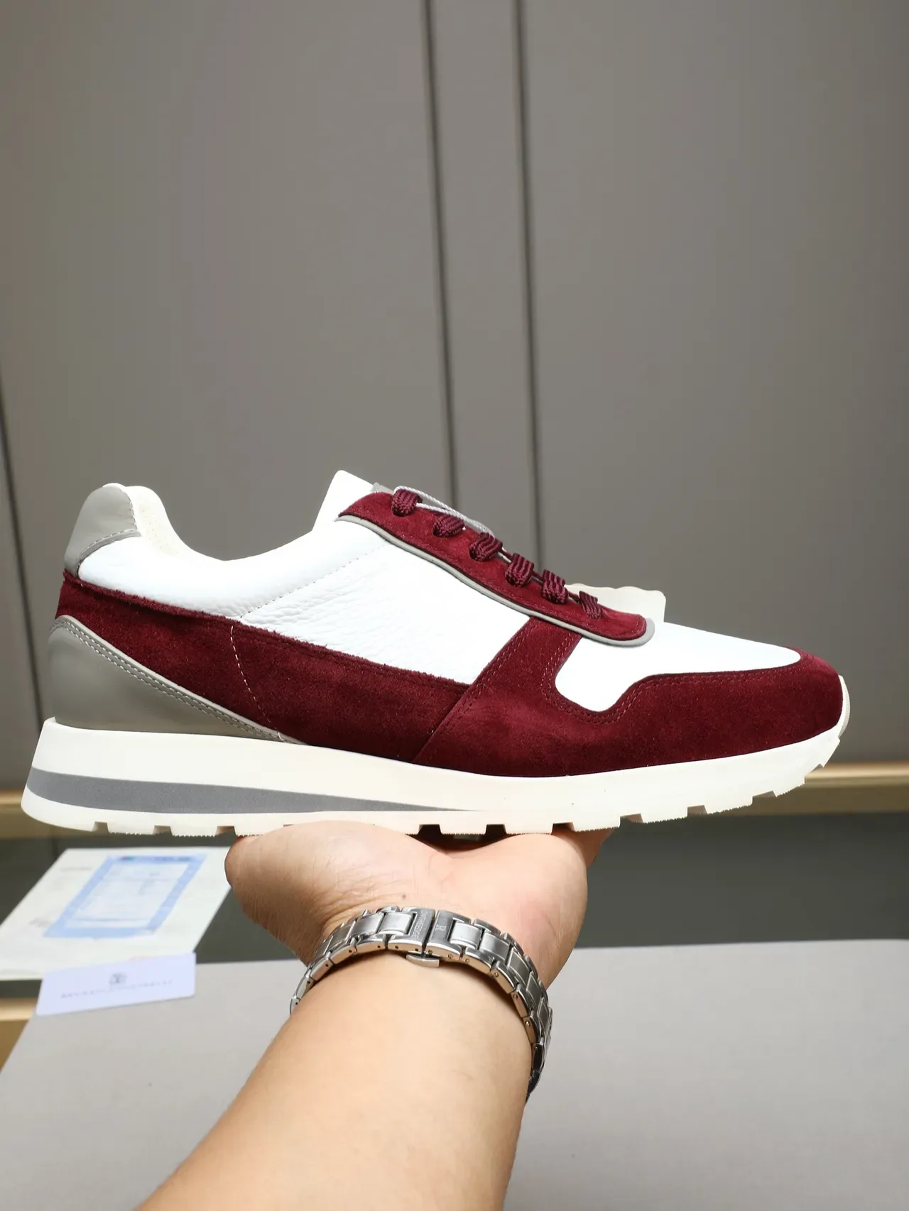 Burgundy and White Color-Blocked Suede Leather Retro Runner Sneakers 1