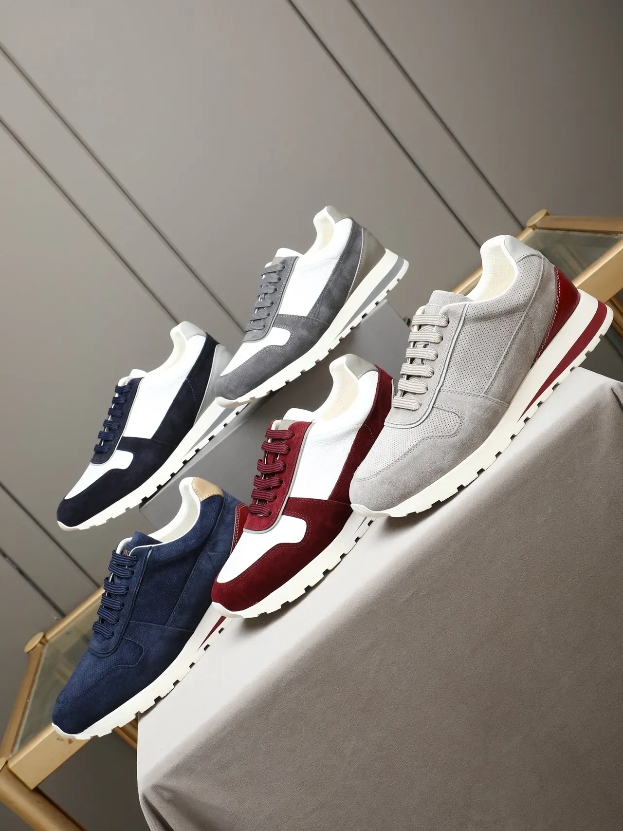 Burgundy and White Color-Blocked Suede Leather Retro Runner Sneakers 2