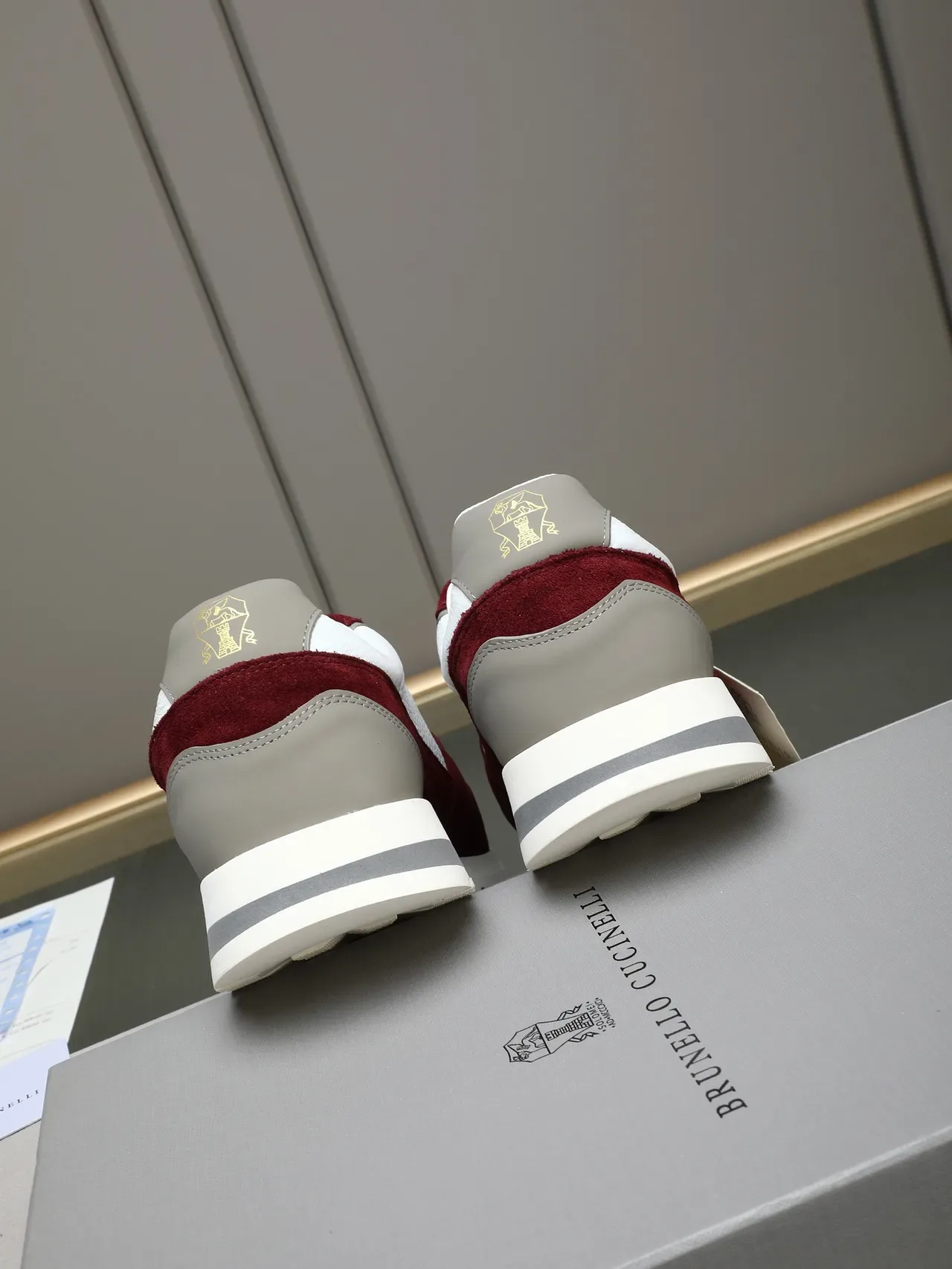 Burgundy and White Color-Blocked Suede Leather Retro Runner Sneakers 3