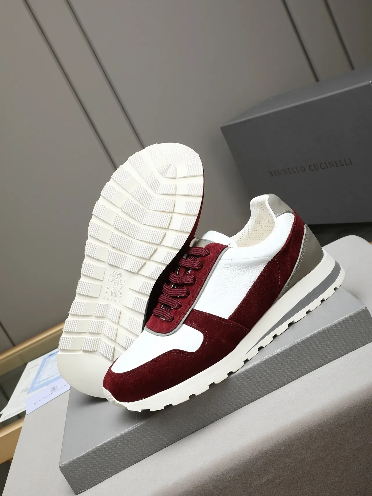 Burgundy and White Color-Blocked Suede Leather Retro Runner Sneakers 4